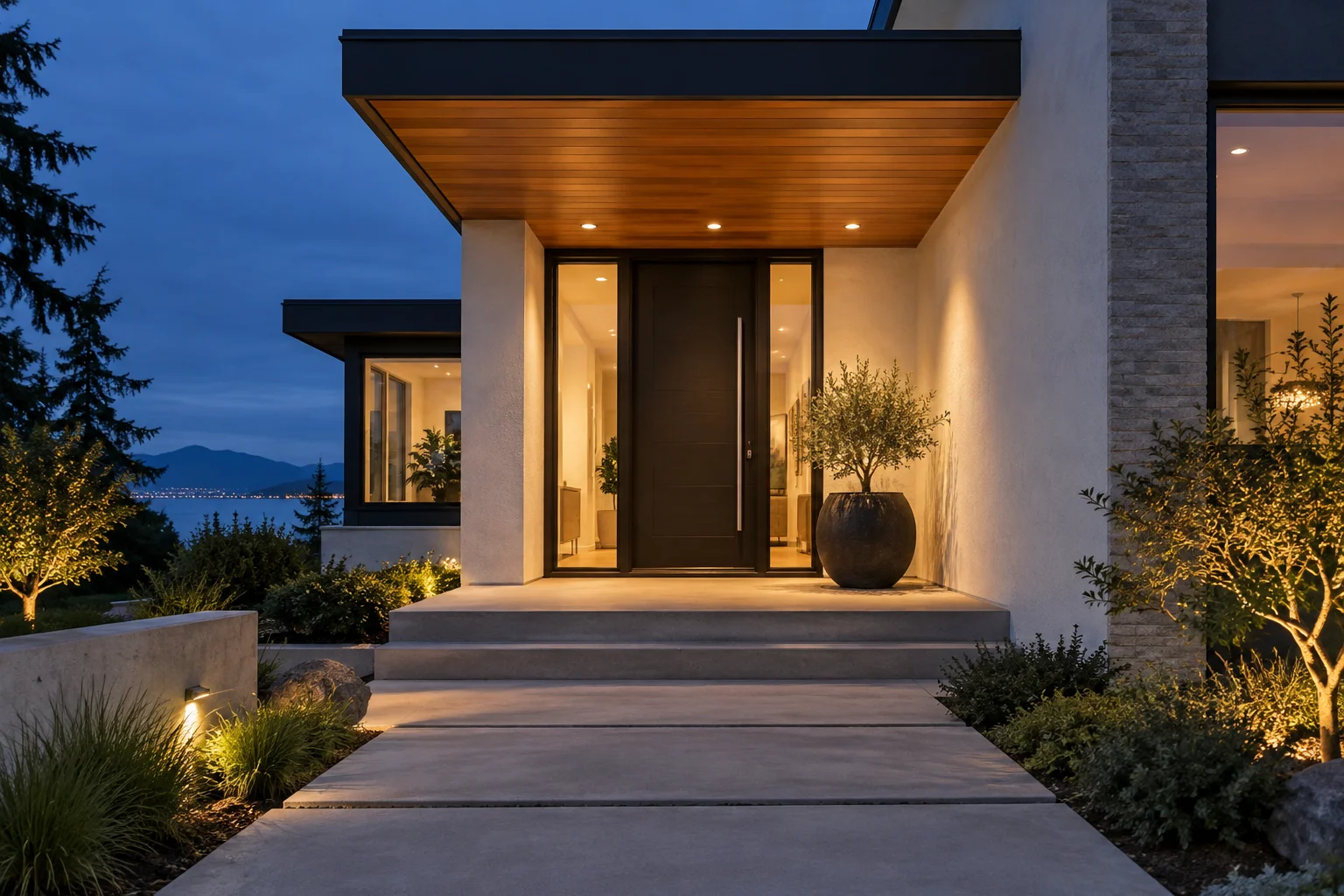 Illustrative modern entry with warm exterior lighting